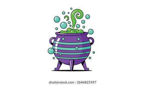 Encantador Roxo Caldeirão Bolha com Poção Mística Verde e Espiralando Vapor Acentuado por Bolhas Flutuantes em um Fundo Branco
