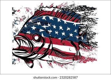 Enchanting representation of a distressed bass fish harmonizing with the USA flag. Perfect for patriotic designs, commercial use, and various creative projects
