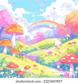 An enchanting scene of a rainbow over a meadow filled with colorful mushrooms