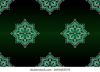 Enchanting seamless ethnic pixel art pattern featuring intricate star motifs in shades of bright green and aqua on a deep, dark forest green background. Ideal for mystical textiles, fashion, and digit
