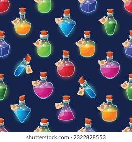 Enchanting Seamless Pattern Featuring Variety Of Magic Potion Bottles. Perfect For Adding A Touch Of Whimsy And Mystique