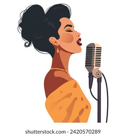 Enchanting Serenade: Women Singing on Mike - Expressive of Musical Harmony and Feminine Elegance. Flat Vector Illustration