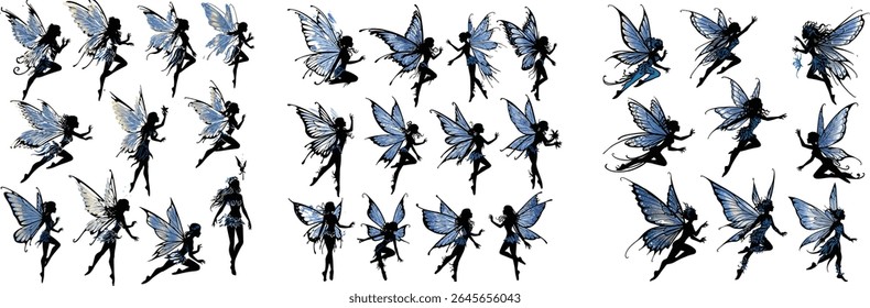 Enchanting Silhouettes A Whimsical Collection of Blue Winged Fairies Gracefully Dancing and Flying in a Mysterious Fantasy World Artwork