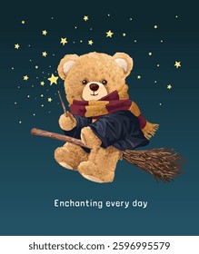 enchanting slogan with bear doll wizard riding broom hand drawn vector illustration without AI in the process