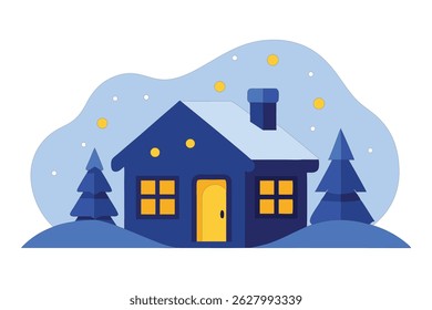 Enchanting snowy cabin with glowing Christmas lights at dusk, capturing a peaceful and serene winter mood. Ideal for festive scenes, seasonal designs, and cozy holiday visuals on white background.