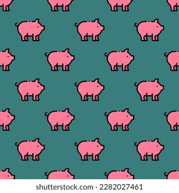 Enchanting square tile displaying a lively animal rendering. Seamless pattern with pig on celadon green background. Design for a children’s book cover with an animal graphic.