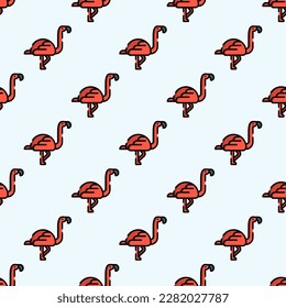 Encantadora baldosa cuadrada que muestra una animada representación animal. Patrón sin foco con flamingo en el fondo de la nube de tormentas. Diseño de una tarjeta de saludo con una caricatura animal.