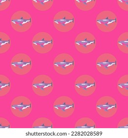 Enchanting square tile displaying a lively animal rendering. Seamless pattern with shark on rose bonbon background. Design for a cushion with an animal photo.