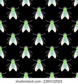 Enchanting square tile displaying a lively animal rendering. Seamless pattern with fly on black background. Design for a set of postcards with animals.