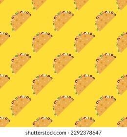 Enchanting square tile displaying a lively food rendering. Seamless pattern with taco on blue (crayola) background. Design for a Thanksgiving turkey centerpiece.