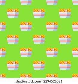Enchanting square tile displaying a lively food rendering. Seamless pattern with poutine on platinum background. Design for a Purim grogger decoration.