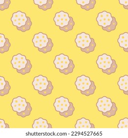 Enchanting square tile displaying a lively food rendering. Seamless pattern with biscuit on usafa blue background. Design for an insulated wrap for sandwiches.