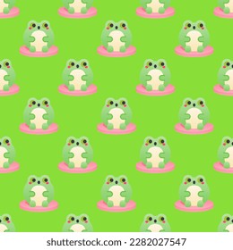 Enchanting square tile with a jubilant animal print. Seamless pattern with frog on yellow-green background. Design for a wall mural with an animal symbol.