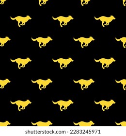 Enchanting square tile with a jubilant animal print. Seamless pattern with running dog silhouette on black background. Design for a brochure with an animal photo.