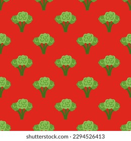 Enchanting square tile with a jubilant food print. Seamless pattern with broccoli on dark pastel red background. Design for flyers to make them engaging.