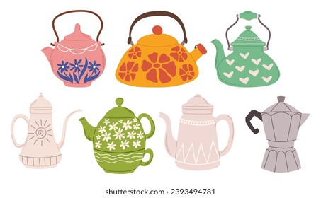 Enchanting Teapot Collection, Diverse In Shapes And Colors, Adorned with Cute Patterns, Each Kettle Tells A Story, Blending Artistry With Functionality, Inviting to Drink Tea. Cartoon Illustration