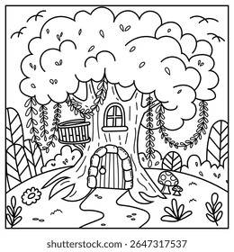 Enchanting Treehouse in a Fairytale Forest Coloring Page
