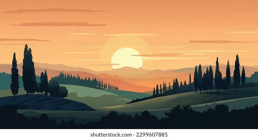 Enchanting Tuscan Sunrise  Vector Landscape with Pines and Cypresses