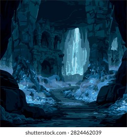 Enchanting Underground Cave with Luminous Blue Water Pathway