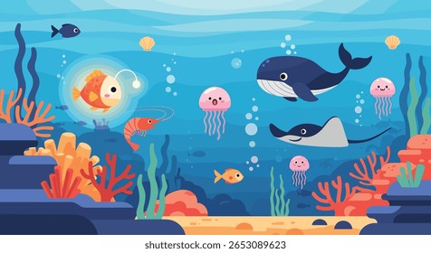 An Enchanting Underwater Scene Featuring Vibrant Marine Life and Colorful Coral Reefs Alive with Bubbles and Light