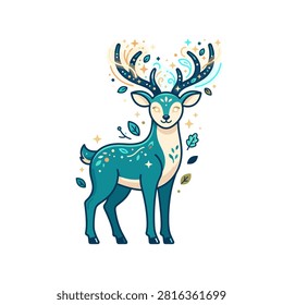 Enchanting vector art of a mystical deer spirit radiating magic in a lush forest setting.