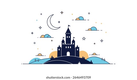 Enchanting vector castle design with moon and stars in a dreamy night setting