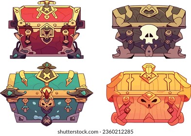 Enchanting Vector Dungeon or Pirate Treasure Chets Set: Dive into a spectrum of fantasy chests, ideal for RPGs and video games. Distinctive shapes and hues to power your narrative. 