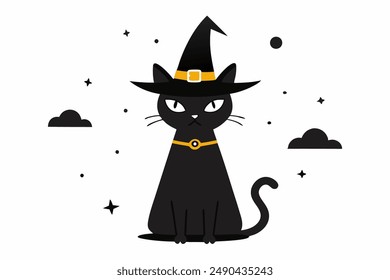 Ilustración vectorial encantadora de un gato con un sombrero de bruja alto y puntiagudo. Perfecto para proyectos con temática de Halloween, esta adorable y elegante obra de arte añade un toque de magia y capricho a cualquier diseño