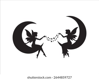 Enchanting vector illustration featuring two delicate fairy silhouette figures gracefully embellishing a luminous moon with twinkling stars