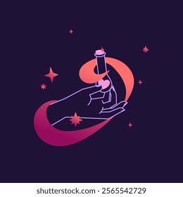 Enchanting vector illustration of a love potion in a witch’s hand, surrounded by vapor and magical symbols. Minimalist and modern, perfect for mystical and romantic designs.