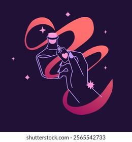 Enchanting vector illustration of a love potion in a witch’s hand, surrounded by vapor and magical symbols. Minimalist and modern, perfect for mystical and romantic designs.