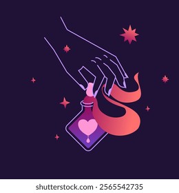 Enchanting vector illustration of a love potion in a witch’s hand, surrounded by vapor and magical symbols. Minimalist and modern, perfect for mystical and romantic designs.