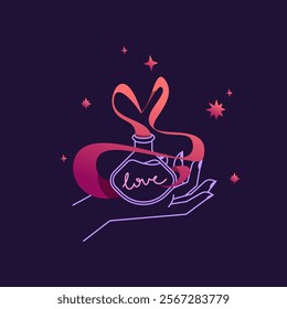 Enchanting vector illustration of a love potion in a witch’s hand, surrounded by vapor and magical symbols. Minimalist and modern, perfect for mystical and romantic designs.