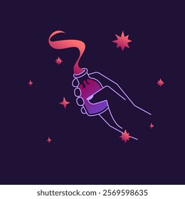 Enchanting vector illustration of a love potion in a witch’s hand, surrounded by vapor and magical symbols. Minimalist and modern, perfect for mystical and romantic designs.