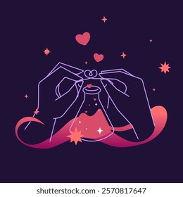 Enchanting vector illustration of a love potion in a witch’s hand, surrounded by vapor and magical symbols. Minimalist and modern, perfect for mystical and romantic designs.