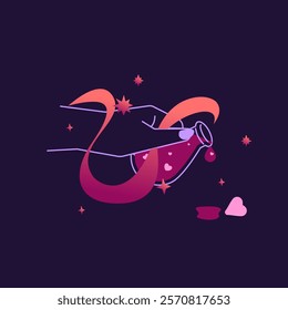 Enchanting vector illustration of a love potion in a witch’s hand, surrounded by vapor and magical symbols. Minimalist and modern, perfect for mystical and romantic designs.