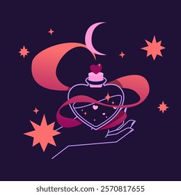 Enchanting vector illustration of a love potion in a witch’s hand, surrounded by vapor and magical symbols. Minimalist and modern, perfect for mystical and romantic designs.