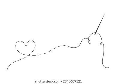 An enchanting vector illustration of a needle and thread delicately crafting a heart-shaped outline, weaving together the art of love and creativity with every stitch. Embroidery stylization.