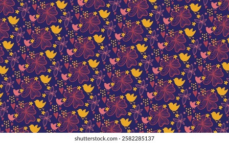 Enchanting vector pattern featuring stylized flowers, graceful birds, delicate hearts, and scattered stars on a rich blue background, evoking whimsy and warmth