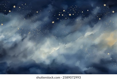 Encantador aquarela abstrato fundo apresenta nuvens delicadas em tons de azul e cinza, pontilhado com estrelas cintilantes. Esta composição evoca um céu noturno tranquilo perfeito para projetos artísticos