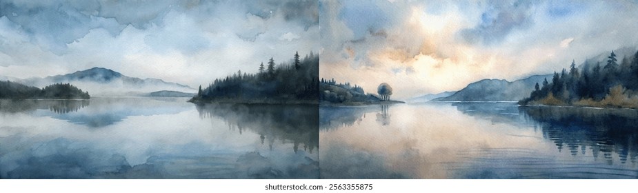 Enchanting watercolor landscape featuring a peaceful lake at sunset, surrounded by misty mountains and trees.