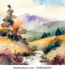 Enchanting Watercolor Landscape Vector Illustration. Captivating watercolor illustration depicts a vibrant autumn scene. A winding river flows through forest, colorful trees in shades of red, orange