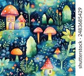 Enchanting watercolor seamless pattern featuring whimsical mushrooms tiny houses in various shapes and sizes, nestled among vibrant leafy trees. Vector art touch of magic to packaging, invitations