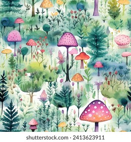 Enchanting watercolor seamless pattern featuring whimsical mushrooms in various shapes and sizes, nestled among vibrant leafy trees. Vector art touch of magic to packaging, invitations, fabric