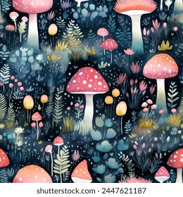 Enchanting watercolor seamless pattern featuring whimsical mushrooms in various shapes and sizes, nestled among vibrant leafy trees. Vector art touch of magic to packaging, invitations, fabric