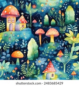 Enchanting watercolor seamless pattern featuring whimsical mushrooms tiny houses in various shapes and sizes, nestled among vibrant leafy trees. Vector art touch of magic to packaging, invitations