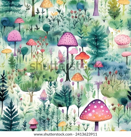 Enchanting watercolor seamless pattern featuring whimsical mushrooms in various shapes and sizes, nestled among vibrant leafy trees. Vector art touch of magic to packaging, invitations, fabric