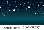 An enchanting and whimsical space-themed pattern featuring various celestial elements against a deep, gradient night sky. The design includes stars, constellations, planets with rings, crescent moons.