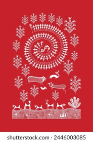 Enchanting Wilderness: Warli Art Painting the Beauty of Indian Forests. Forest Whispers: Warli Artwork Capturing the Mystique of Indian Woodlands. Warli Art Forest. Traditional Wall Decor.