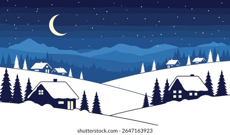 Enchanting Winter Village Under a Crescent Moon
